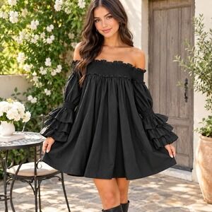Step In Style Black Smocked Off Shoulder Ruffle Sleeve Babydoll Mini Dress M